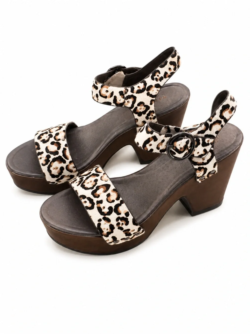 NWT Naked Feet Oro Leopard Calf Hair Platform Wedge Sandals Women’s 8.5M Bone